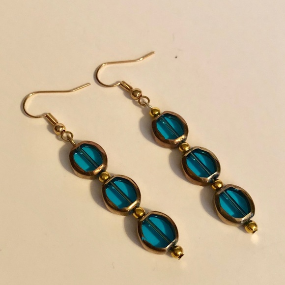 Handmade Teal & Brass Trim Dangle Earrings 2” Long - Picture 3 of 3